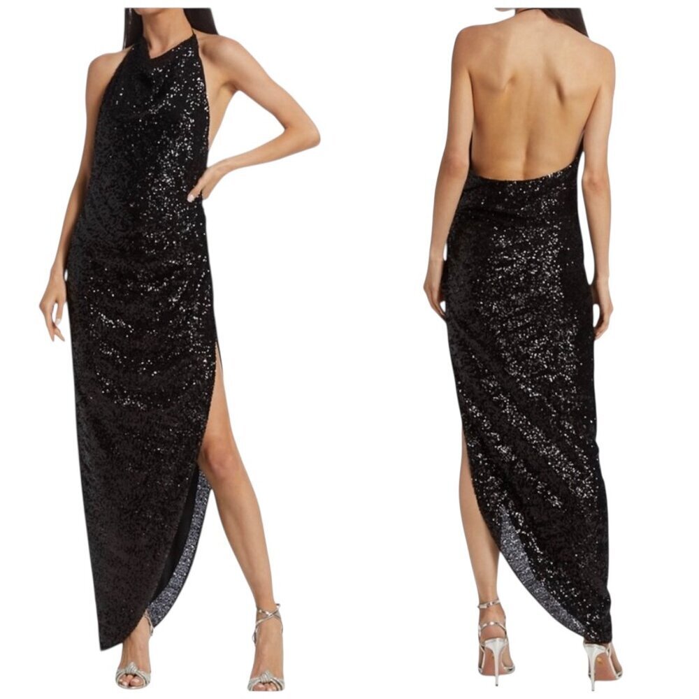 Amanda Uprichard Elektra Sequin Halter Gown Black Small NWT